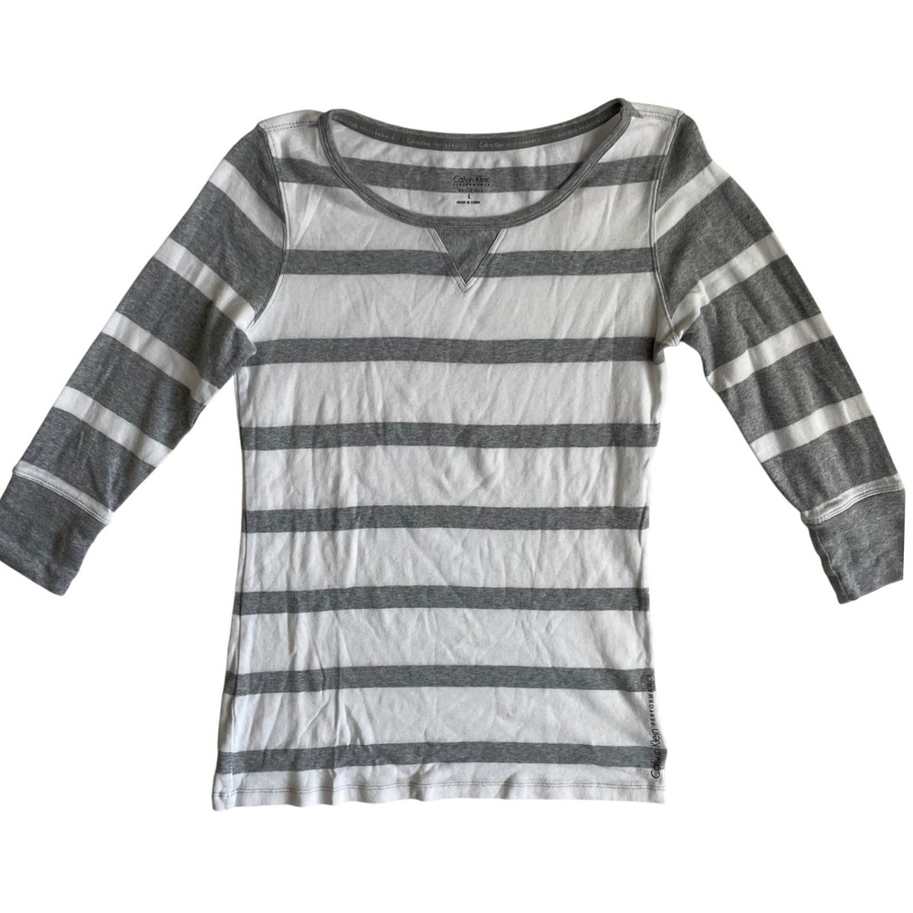 Calvin Klein Performance Women's Cotton Striped‎ 3/4 Sleeve Top Gray White, L